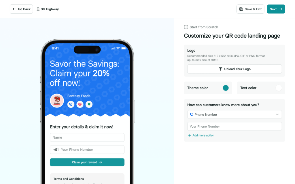 Restaurant QR landing page